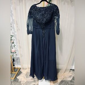 Navy Sequin Long Sleeve Evening Dress